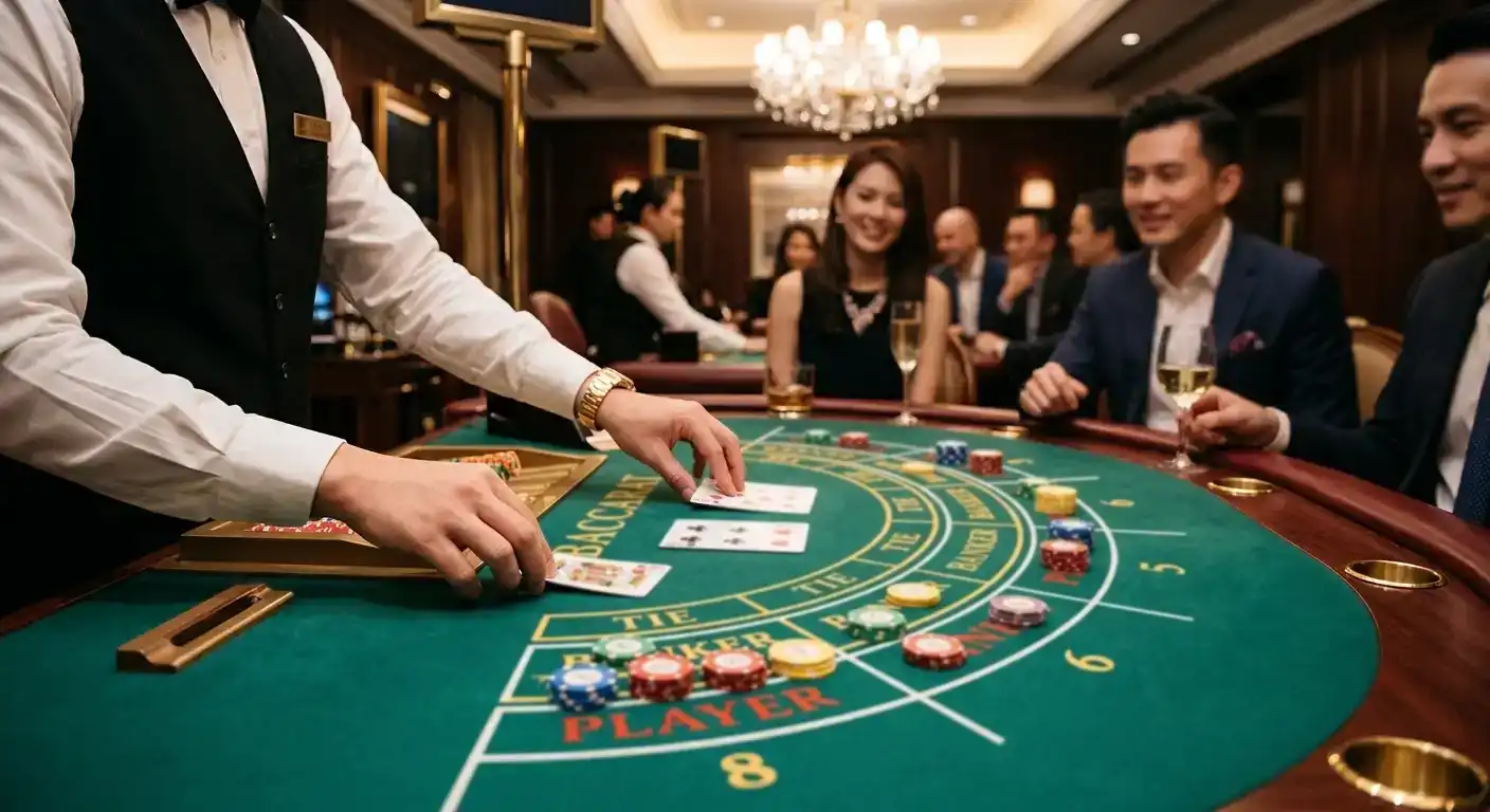Baccarat table with player and banker card positions and chip placements
