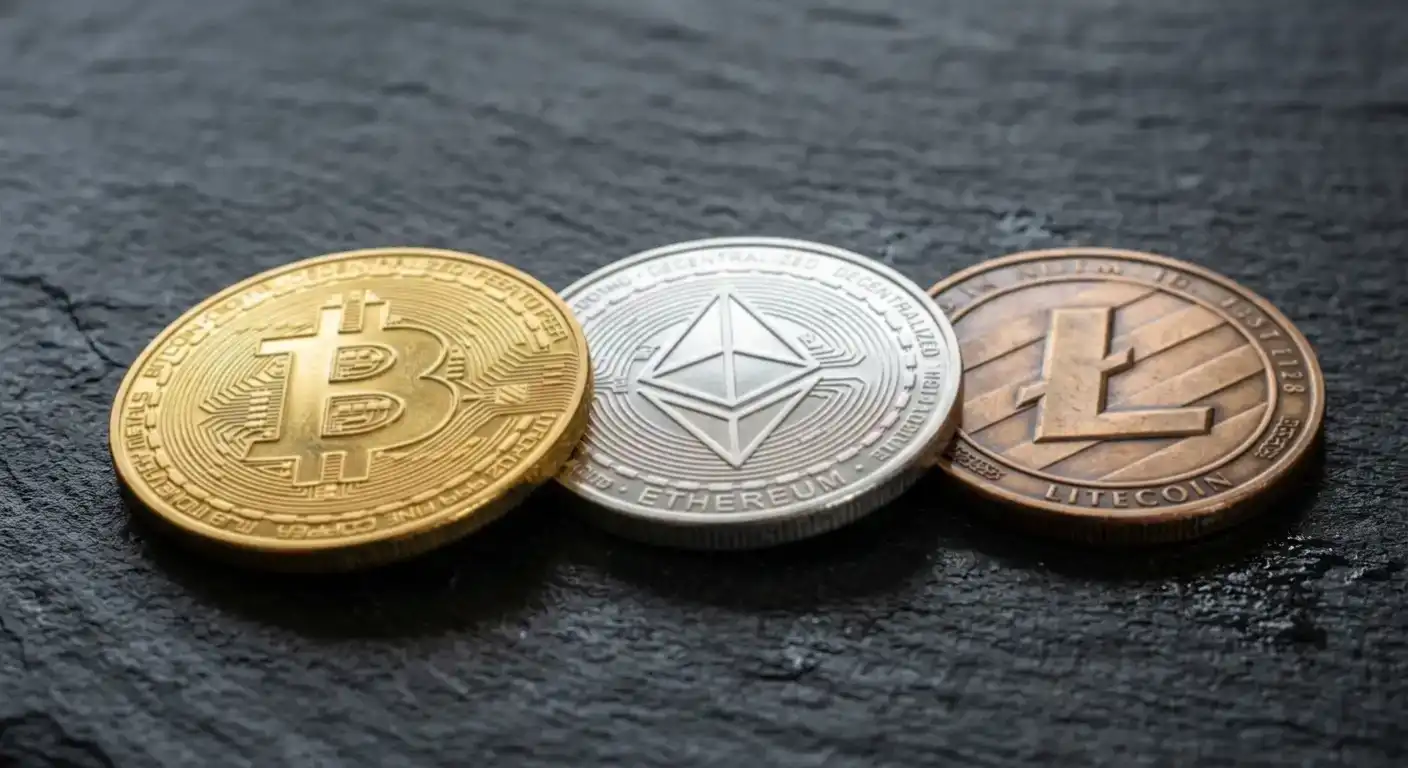 Physical representations of Bitcoin Ethereum and Litecoin cryptocurrency tokens