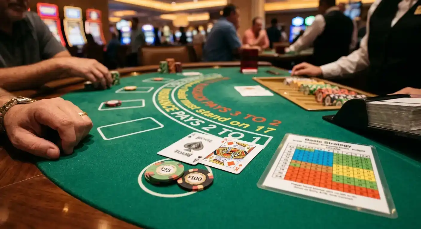 Blackjack hand of cards on green table with basic strategy chart nearby