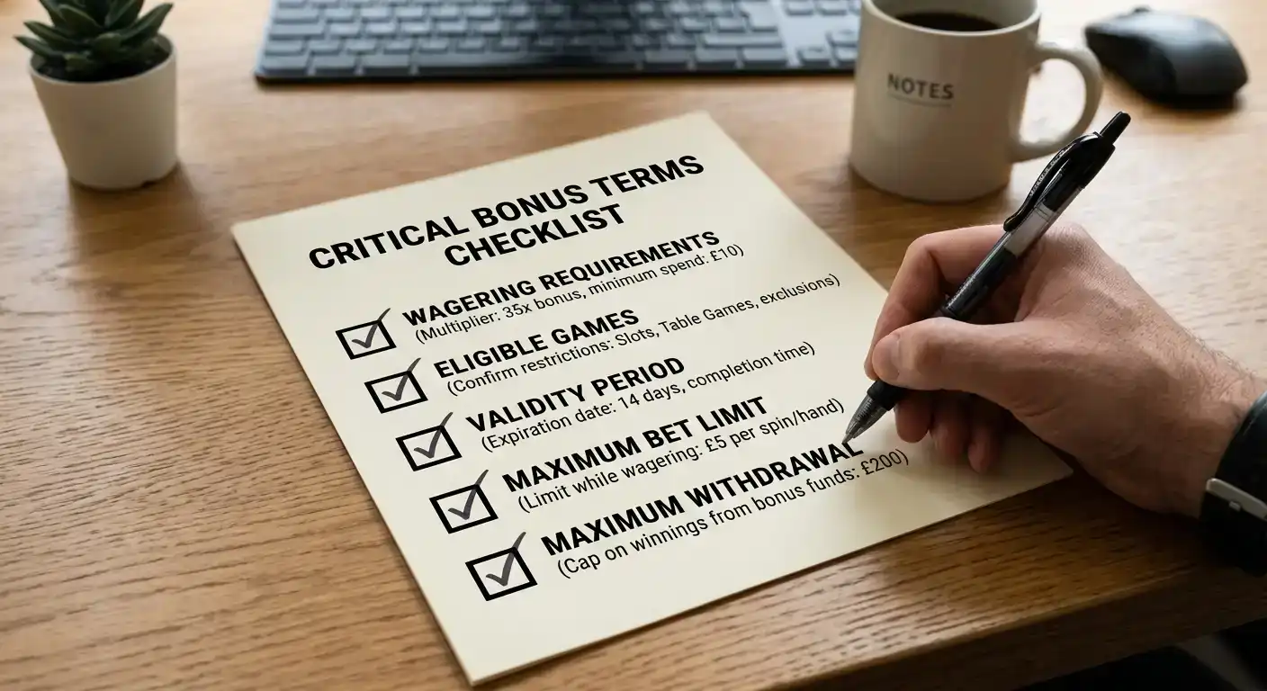 Checklist of five critical data points to review in casino bonus terms document