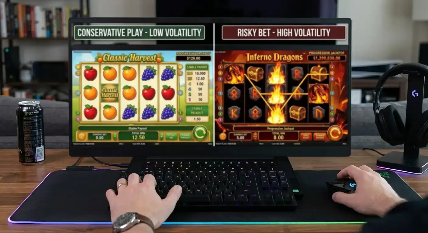 Split screen showing conservative low-volatility versus risky high-volatility for wagering