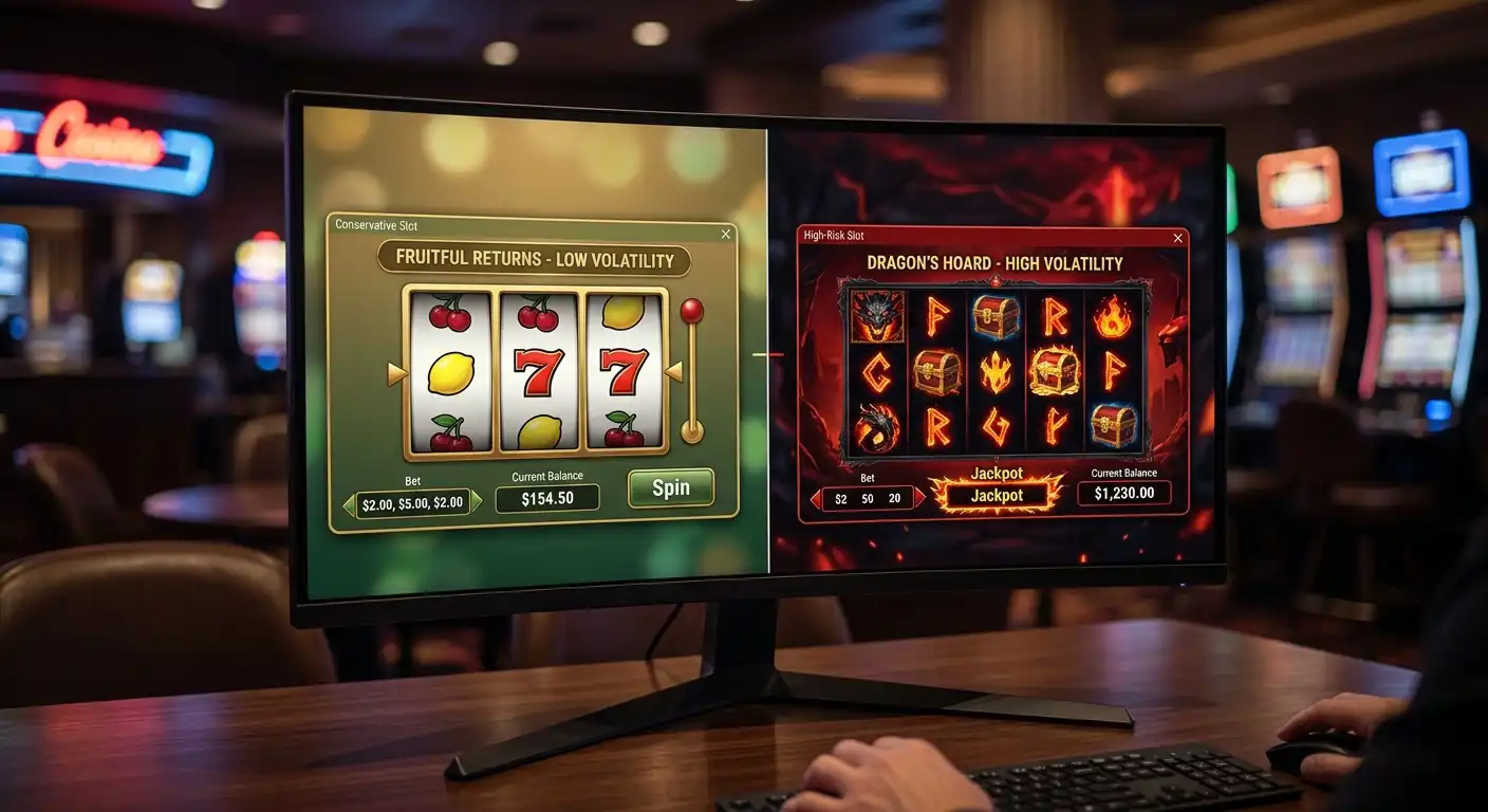 Split screen showing conservative low-volatility versus risky high-volatility for wagering