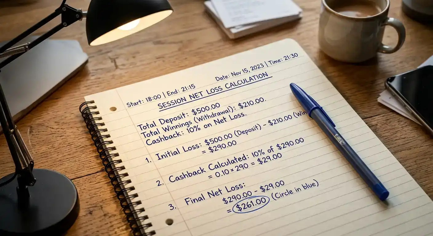 Cashback calculation example showing net loss formula with eligible and excluded bet types