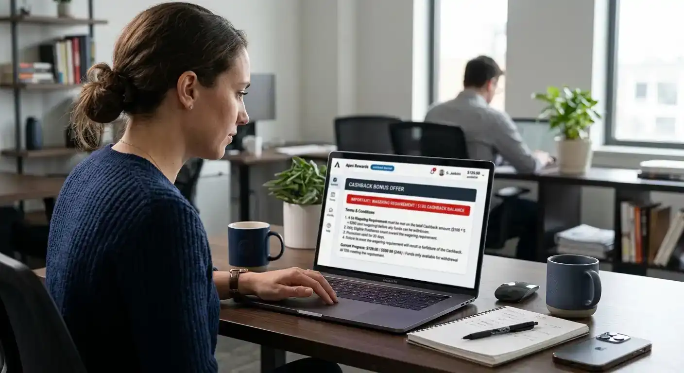 Cashback credit terms showing wagering requirements before withdrawal is permitted