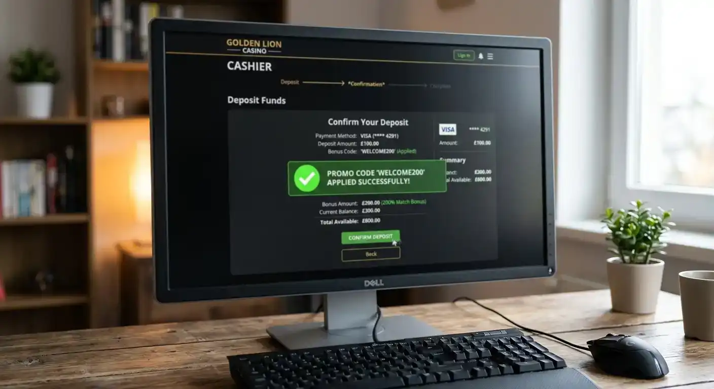 Casino cashier screen showing promo code activation during deposit process