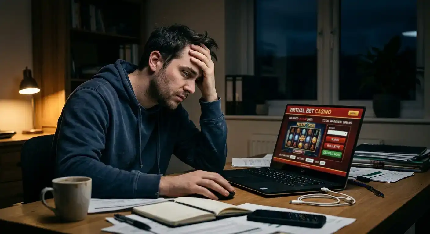 Player at desk showing emotional betting decisions after chasing losses at online casino