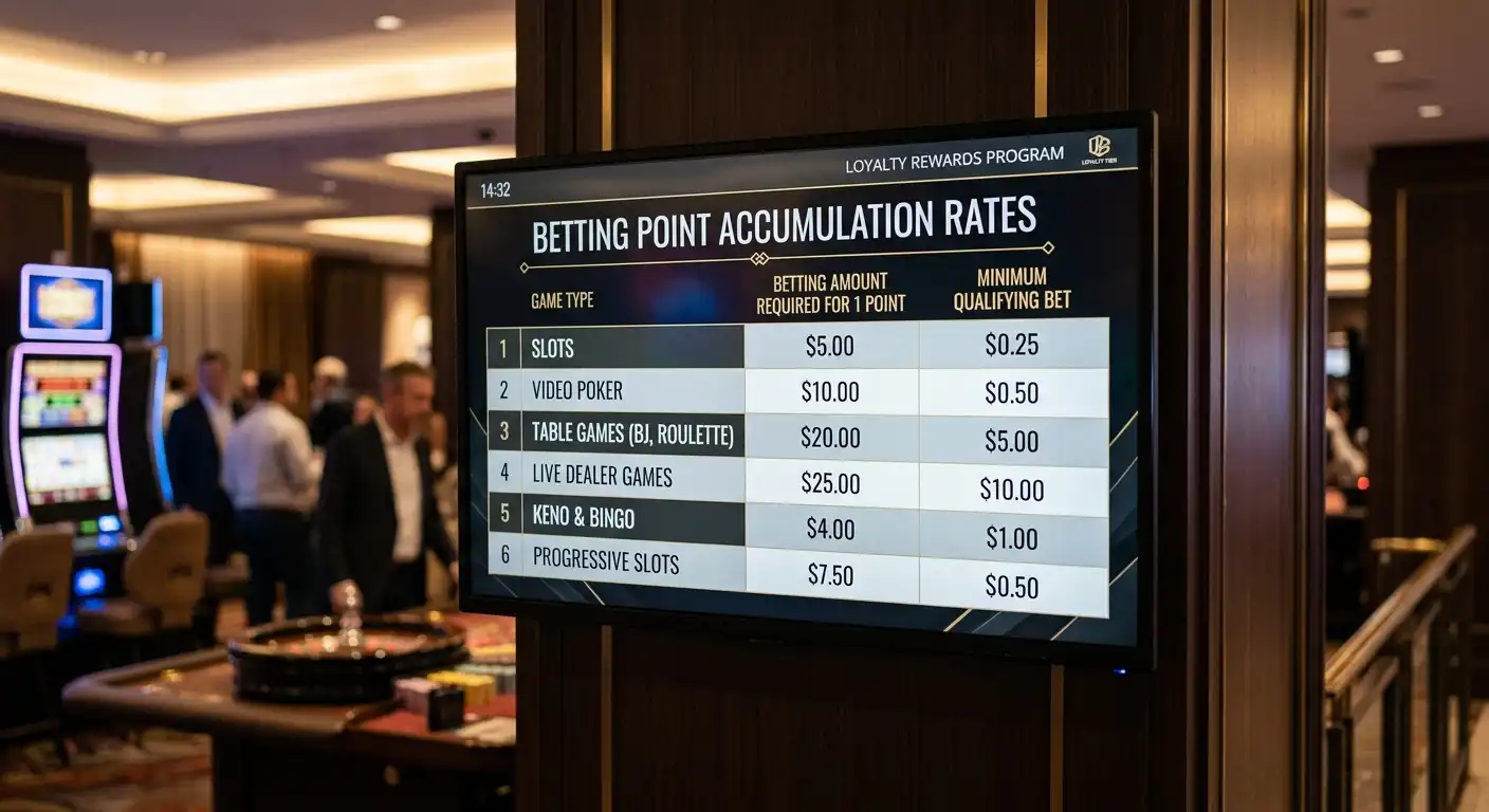 Comp point earning rate table showing wagering amounts needed per point across game types