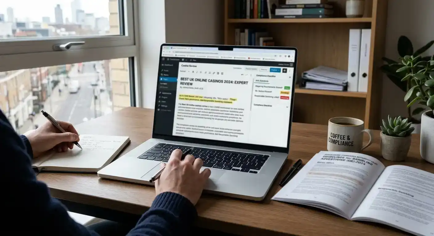 Casino affiliate content review showing advertising standards compliance checklist requirements