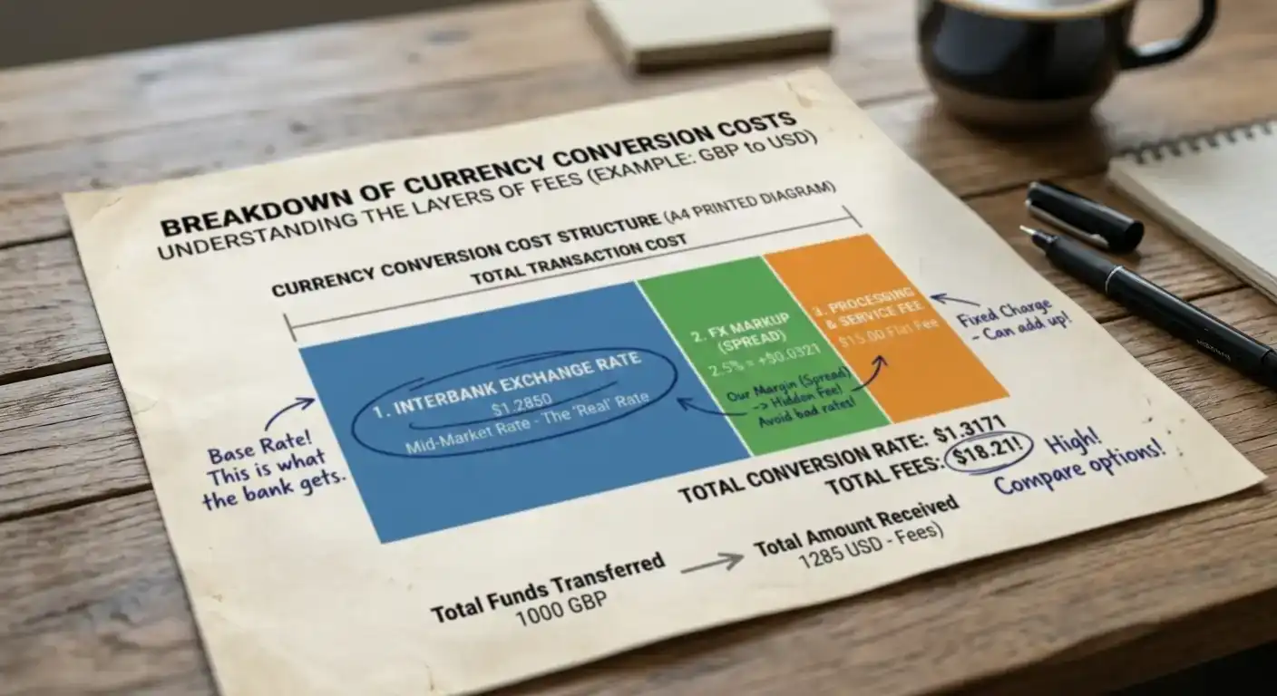 Currency conversion fee breakdown showing exchange rate markup and processing charges