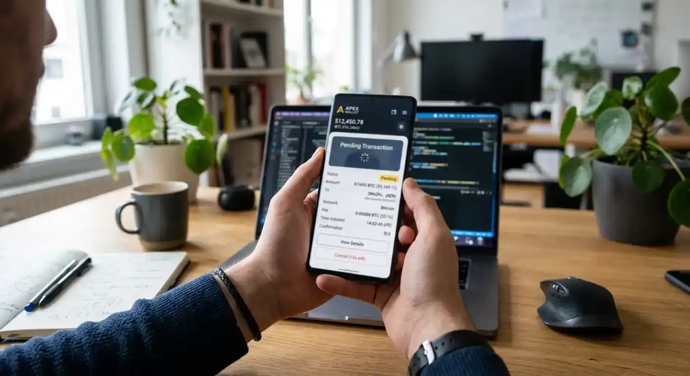 Cryptocurrency wallet app showing pending transfer to casino deposit address