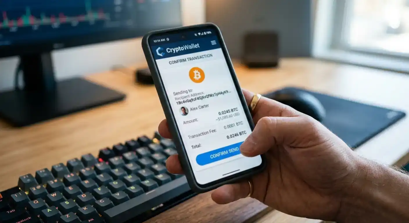 Smartphone displaying a cryptocurrency wallet interface with Bitcoin and Ethereum balances