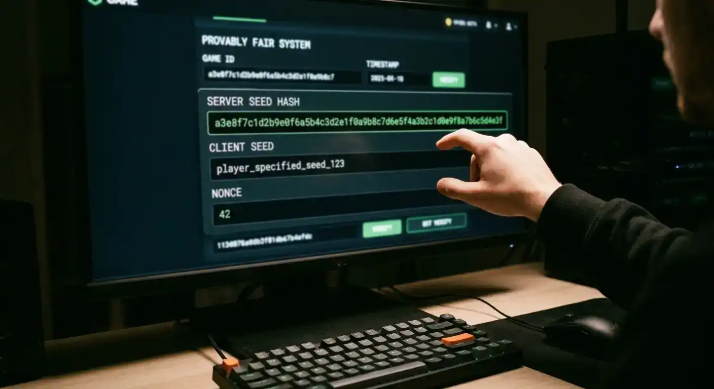 Game interface showing server seed hash and client seed values for verification