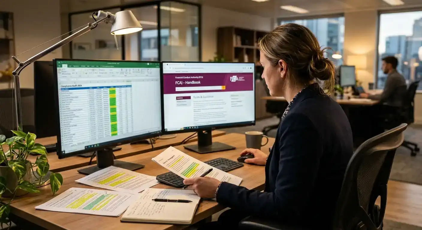 Compliance analyst reviewing casino licence documentation on a laptop screen with regulatory notes