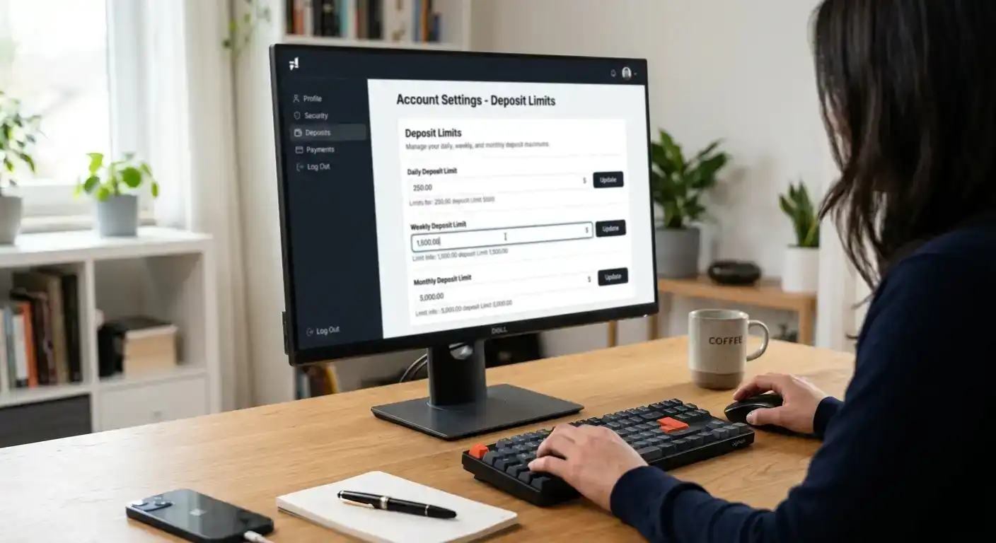 Casino account panel showing daily weekly and monthly deposit limit settings