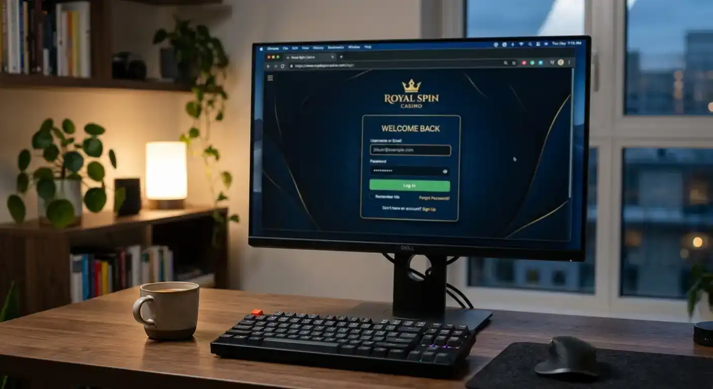 Desktop browser showing casino login form with email and password fields