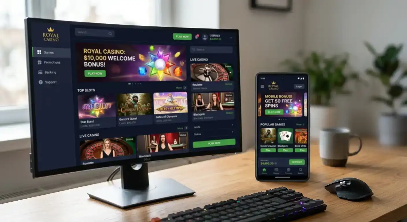 Side-by-side comparison of casino interface on desktop monitor and mobile phone