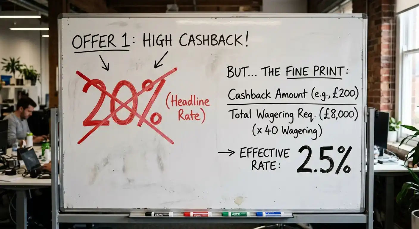 Comparison showing headline cashback percentage versus effective rebate after wagering