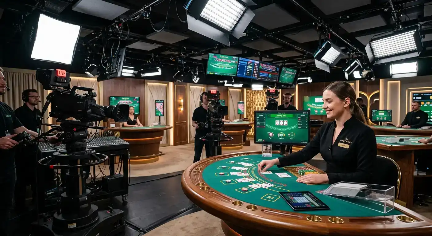 Evolution live casino studio setup with professional dealer at blackjack table