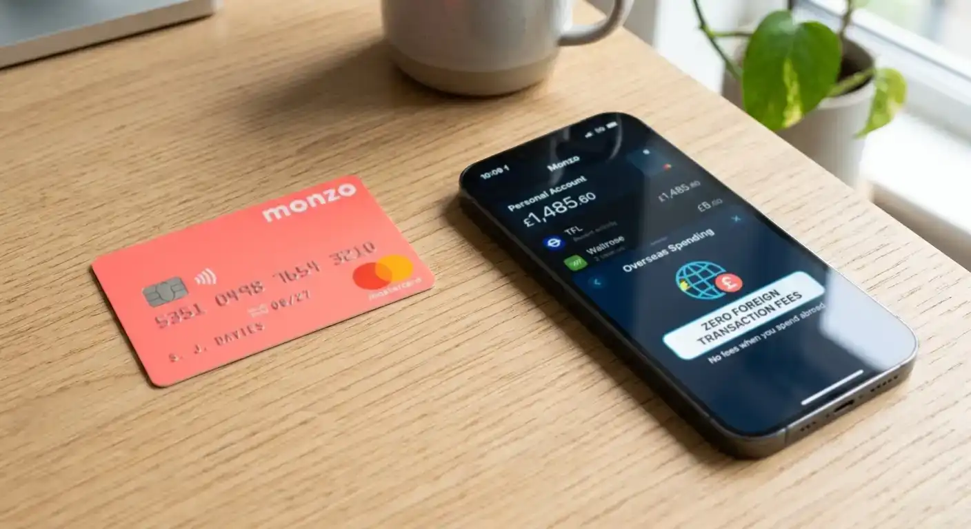 UK challenger bank card with zero foreign transaction fee prominently displayed