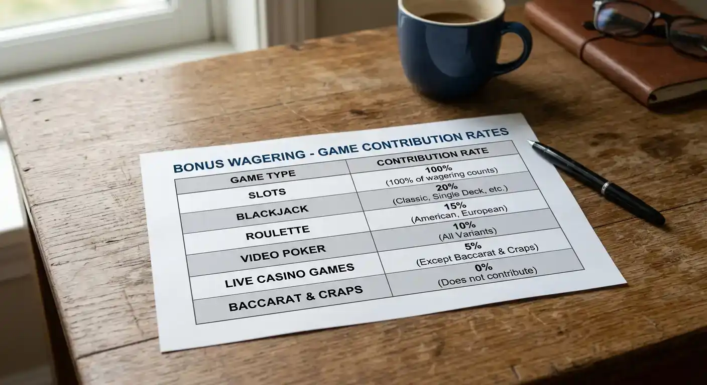 Game contribution rate table showing slot and table game wagering percentages for bonus play