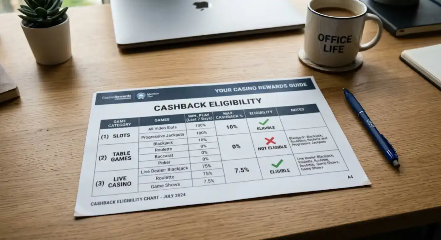 Game eligibility chart showing which casino games qualify for cashback credit programme