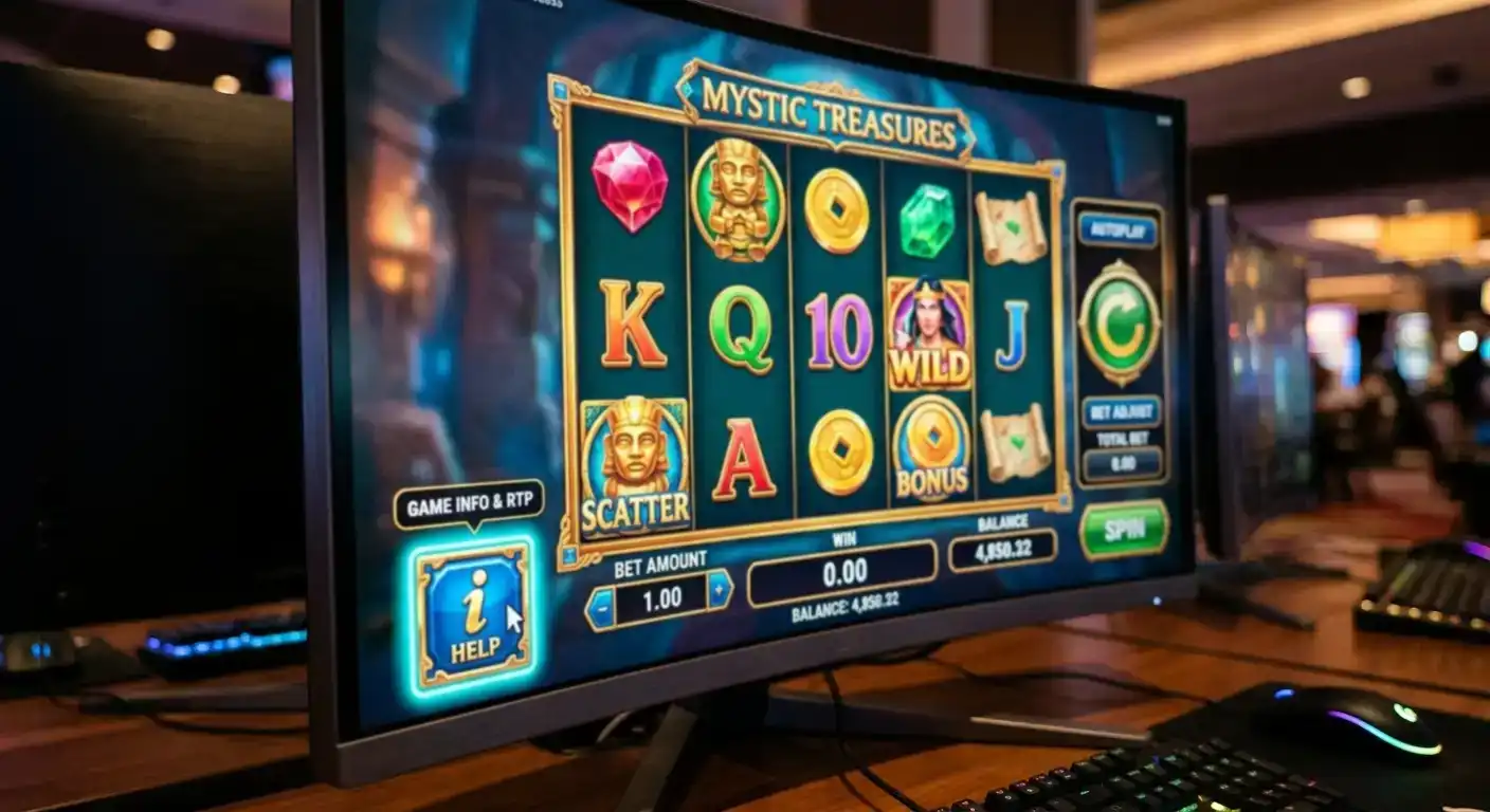Slot game interface with information menu button highlighted for accessing RTP data
