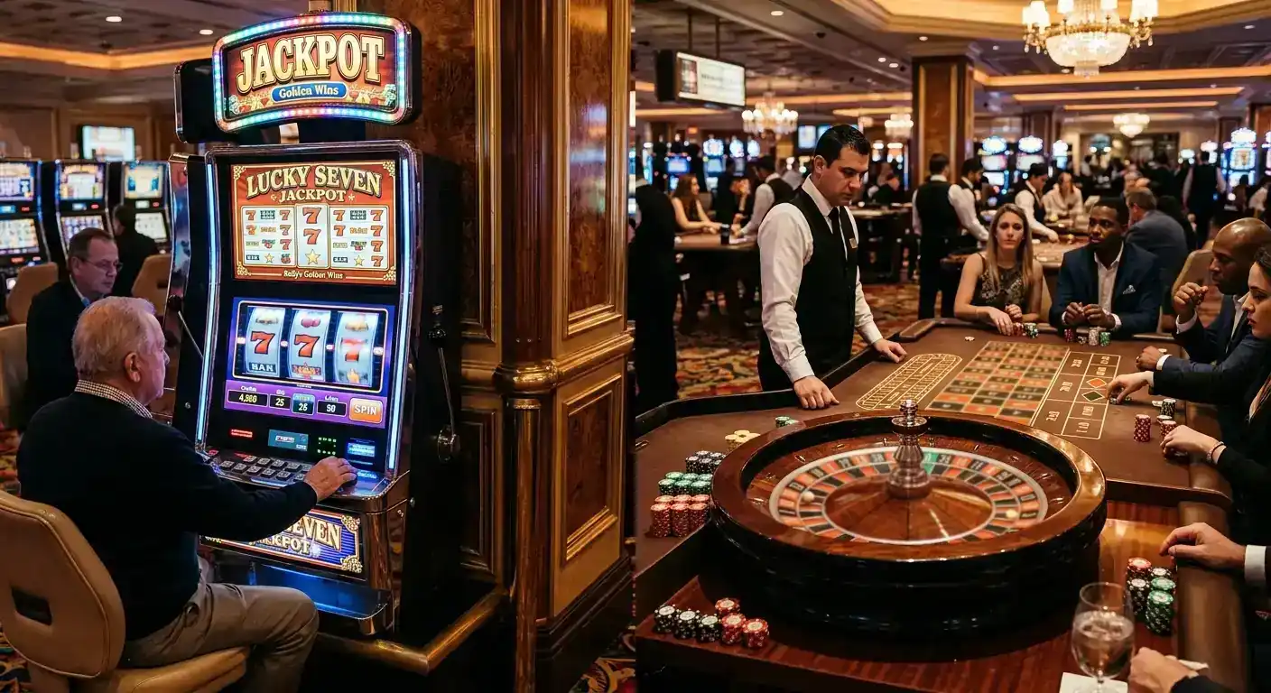 Slot machine reels beside roulette wheel illustrating game weighting percentages