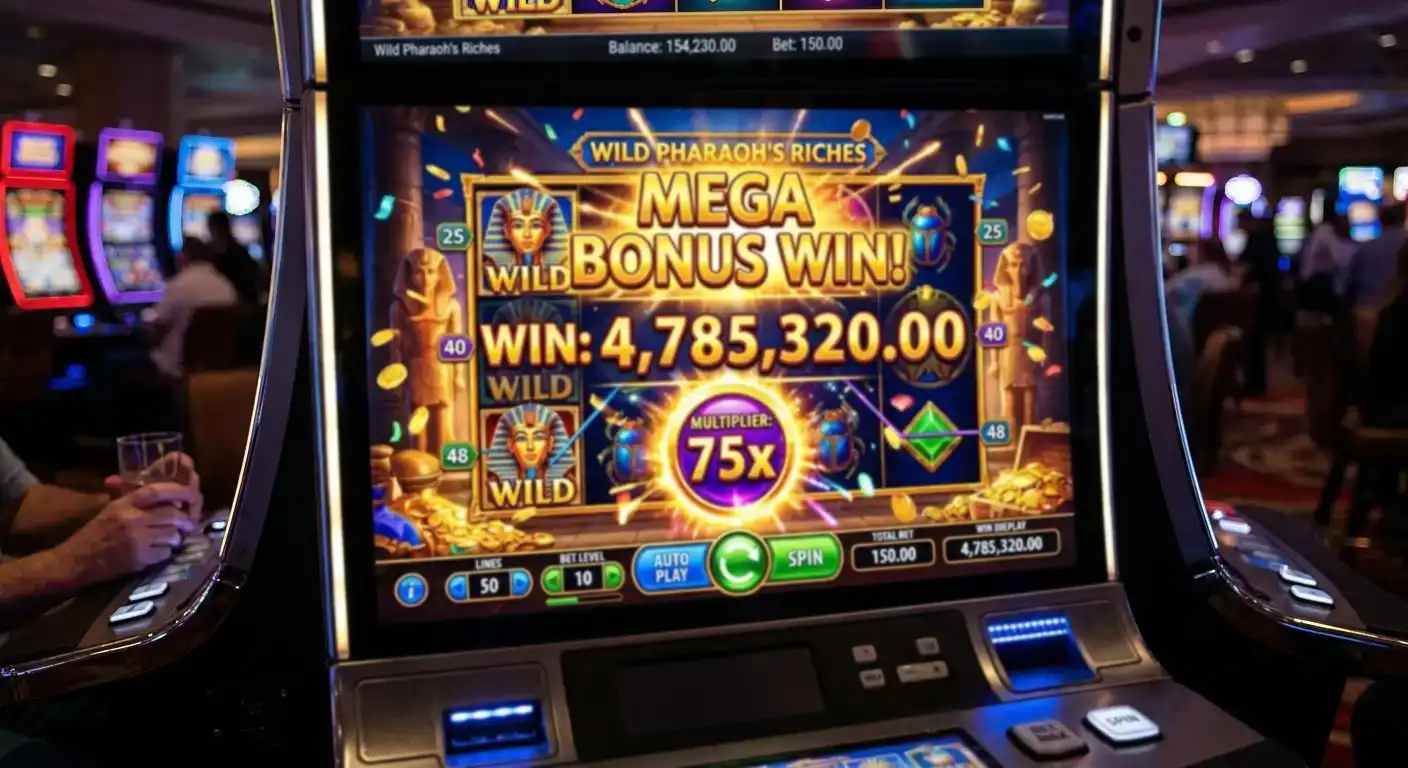 High-volatility slot displaying large bonus round payout with multiplier active