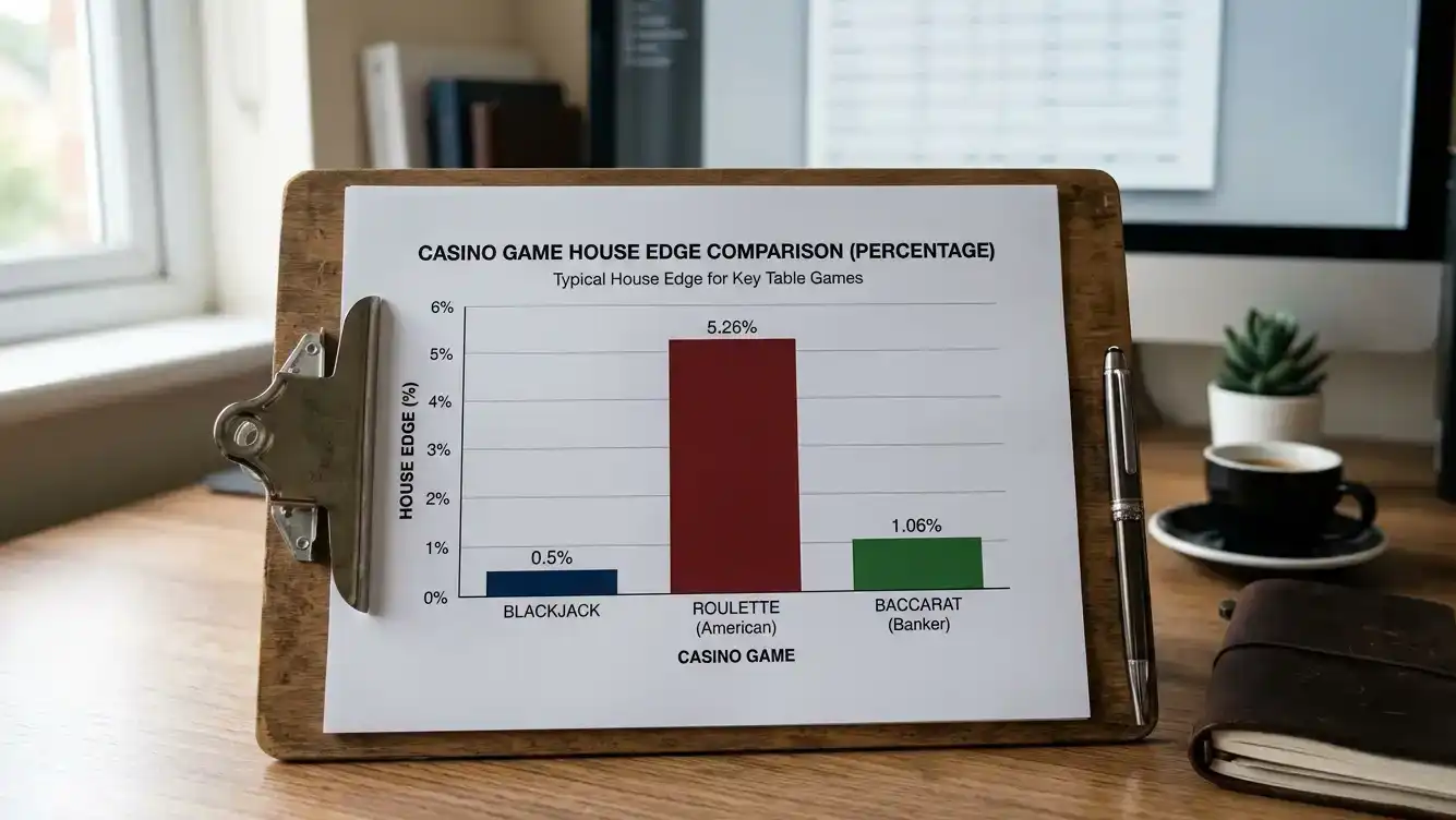 Bar chart comparing house edge percentages across blackjack roulette and baccarat