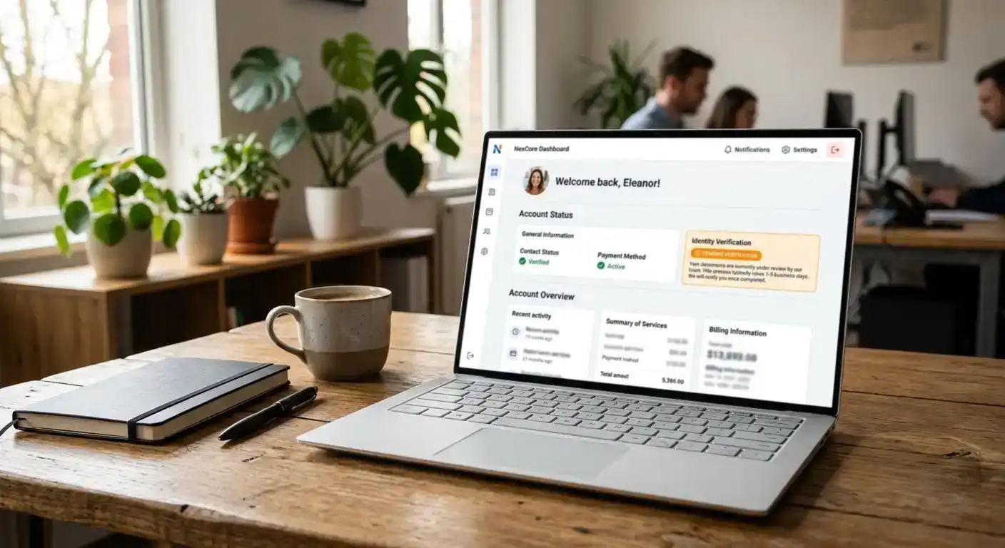Account dashboard showing KYC verification status as pending review