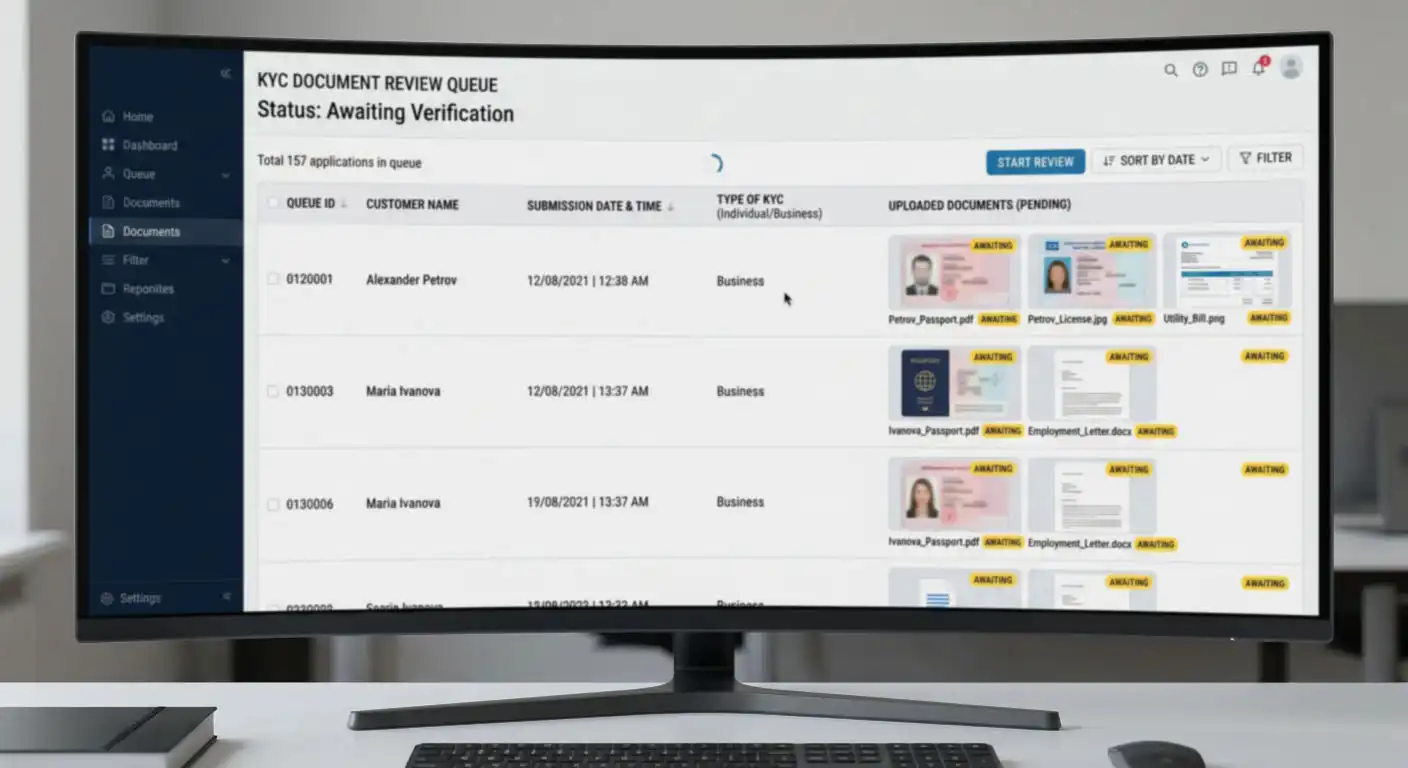 KYC document verification queue showing uploaded identity documents awaiting review