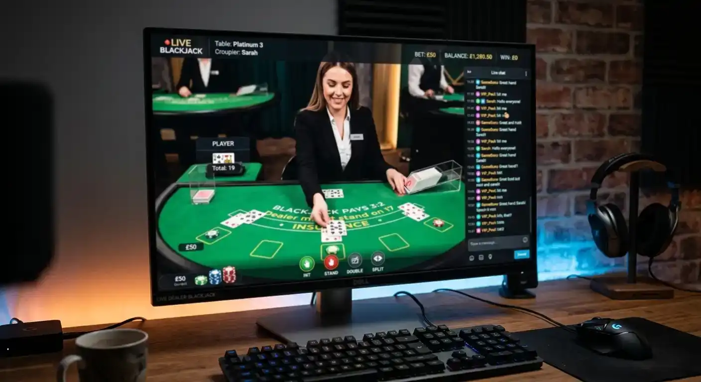 Live dealer blackjack table with professional croupier dealing cards via HD video stream