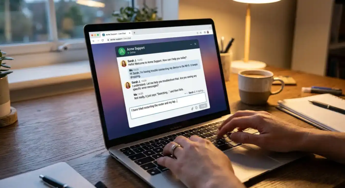 Live chat support window showing agent connection with response timer