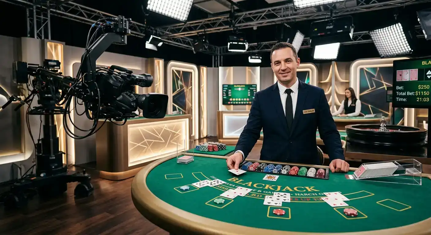 Professional live dealer at a blackjack table in a studio with cards and chips visible on the green felt