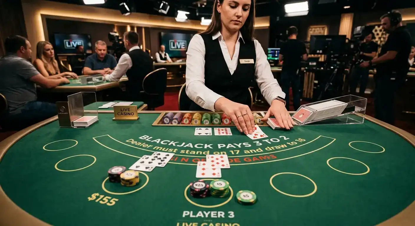 Live dealer blackjack table with professional croupier streaming setup