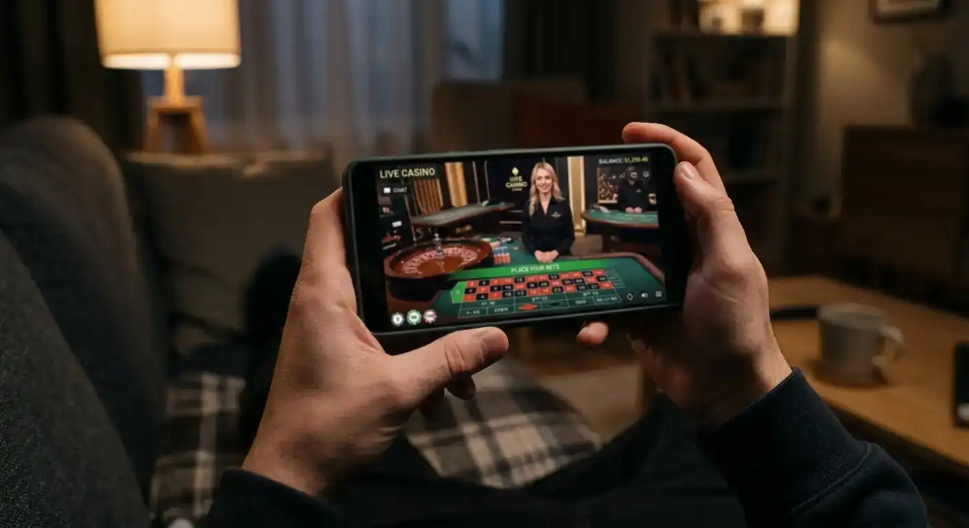 Live dealer roulette table streamed on smartphone in landscape orientation