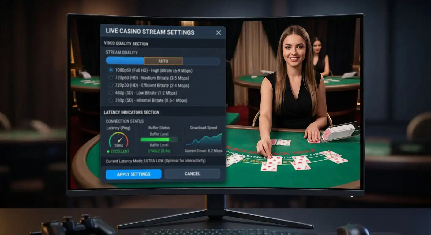 Live casino stream quality settings showing resolution bitrate and latency indicators