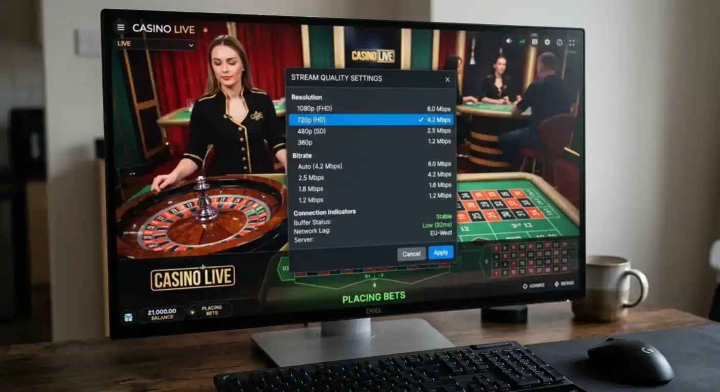 Live casino stream quality settings showing resolution bitrate and latency indicators