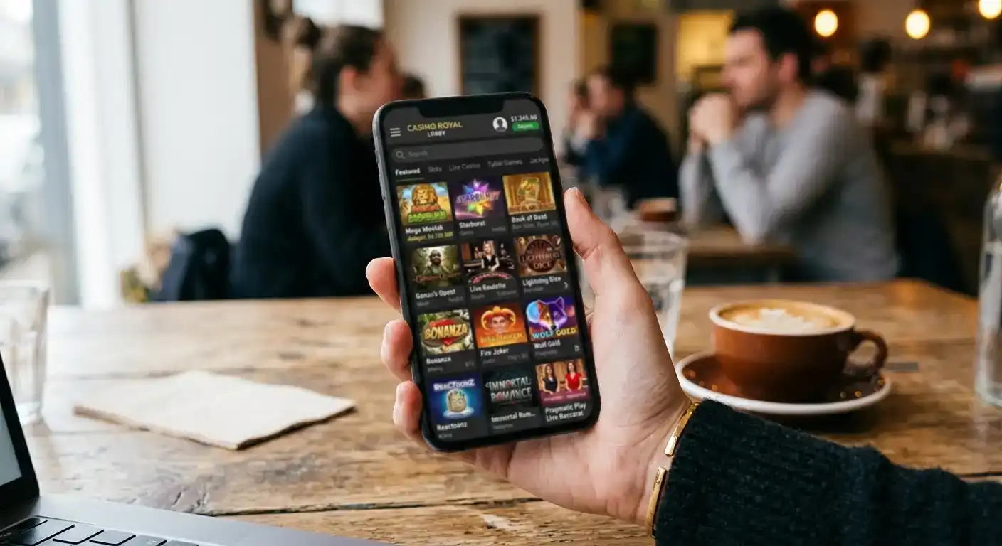 Casino game lobby loaded on smartphone browser with slot thumbnails visible