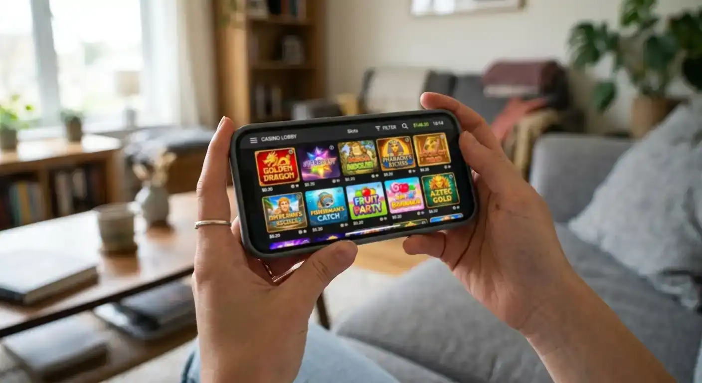 Person holding a smartphone displaying an online casino lobby with slot game thumbnails on screen