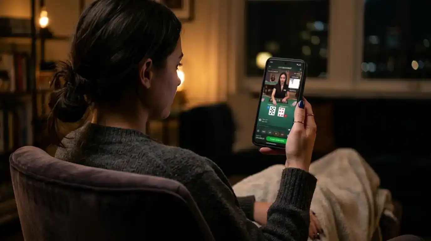 Live dealer baccarat game streamed on mobile phone in portrait mode