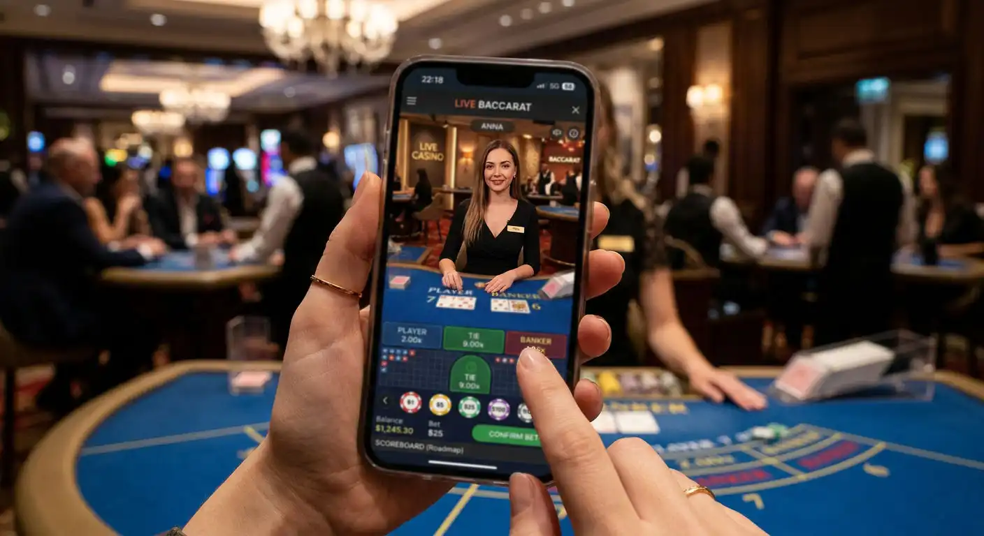 Live dealer baccarat game streamed on mobile phone in portrait mode