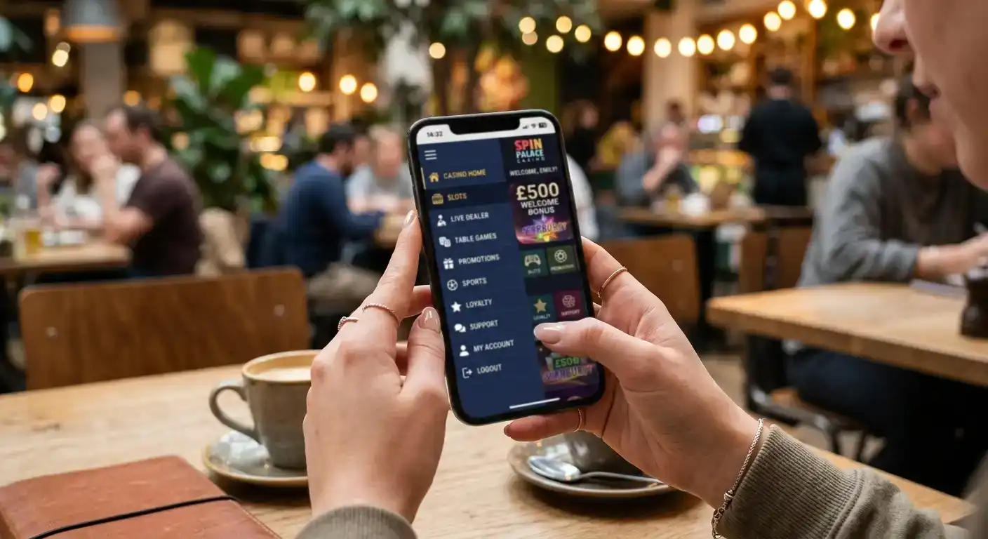 Mobile phone screen showing compact casino lobby navigation with hamburger menu expanded