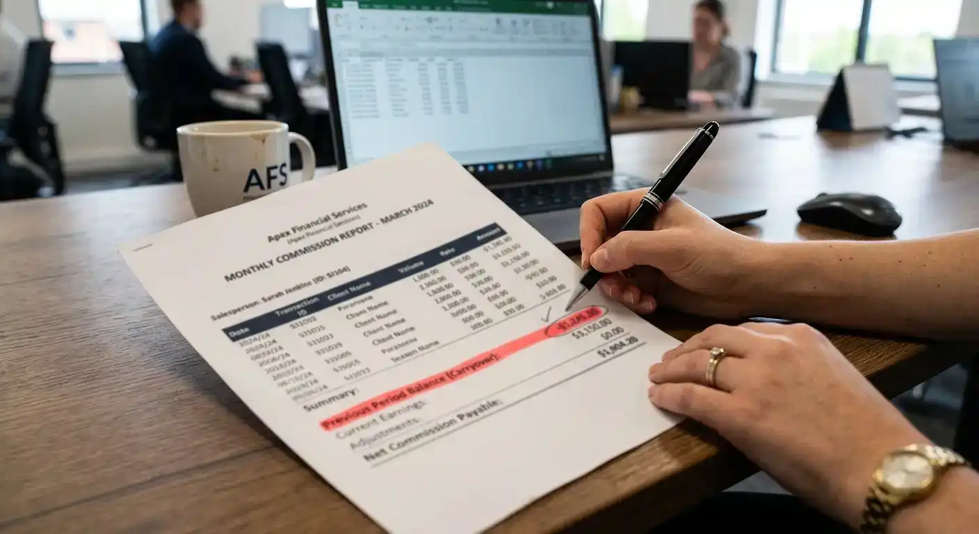 Monthly affiliate commission report showing negative carryover balance from previous period