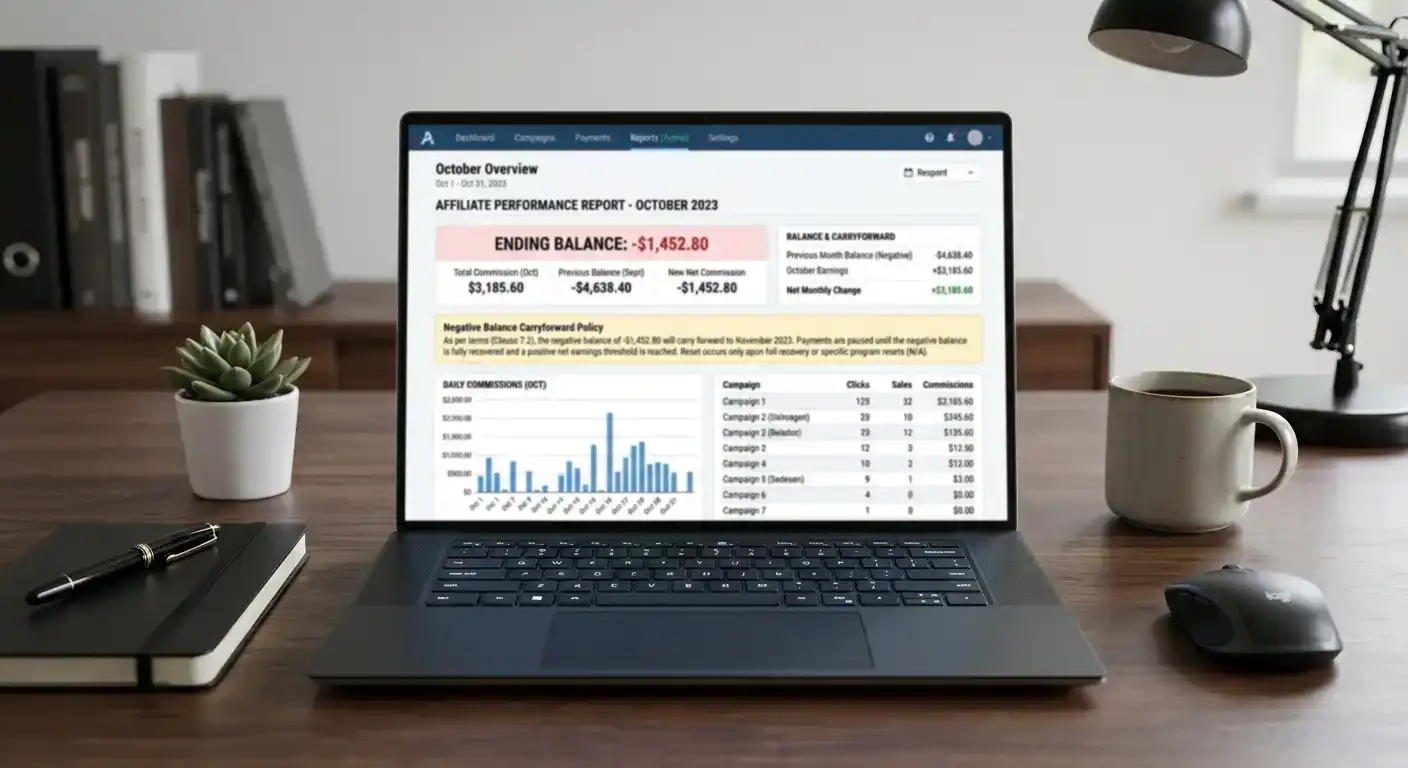 Monthly commission report showing negative carryover balance carried to next period