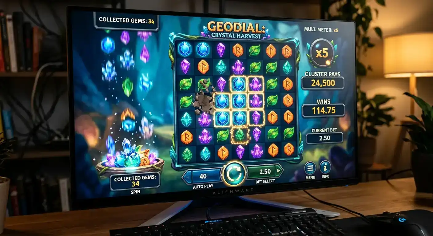 Boutique game studio slot with unique cluster-pay mechanics on screen
