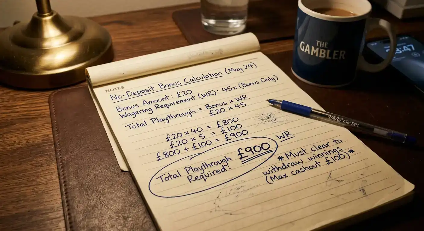 Wagering requirement calculation showing total playthrough needed on no-deposit bonus amount