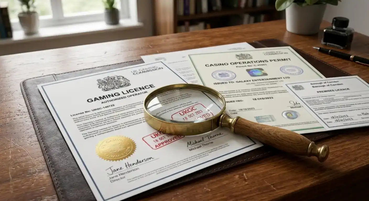 Offshore casino licence documents spread on desk with magnifying glass