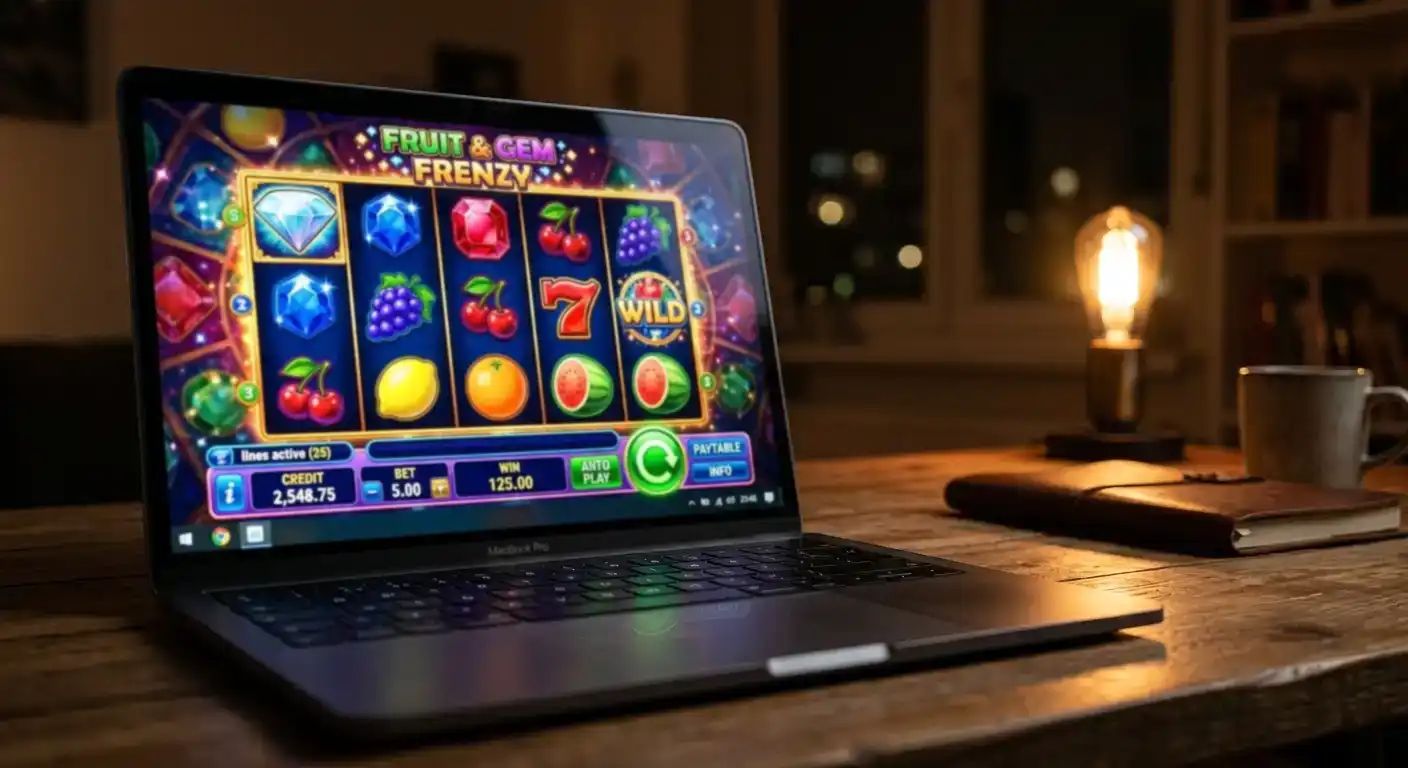 Close-up of an online video slot interface showing colourful reels and game information panel