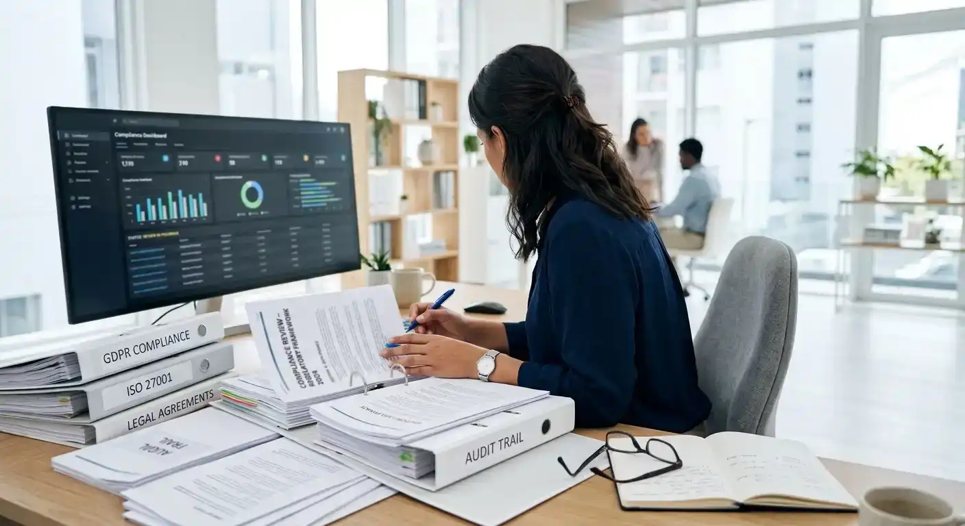 Person reviewing casino regulatory compliance documents at workstation